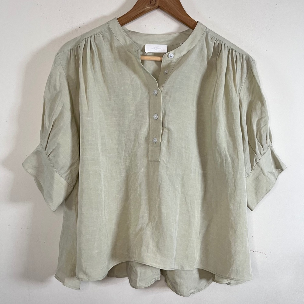 7 For All Mankind Linen Blend Sage Green Blouse Puff Sleeves Prairie Size Large - Picture 2 of 8